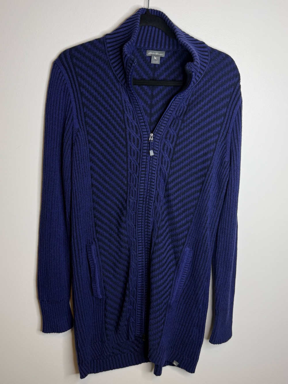 Eddie Bauer Navy Zip-Front Cable Cardigan